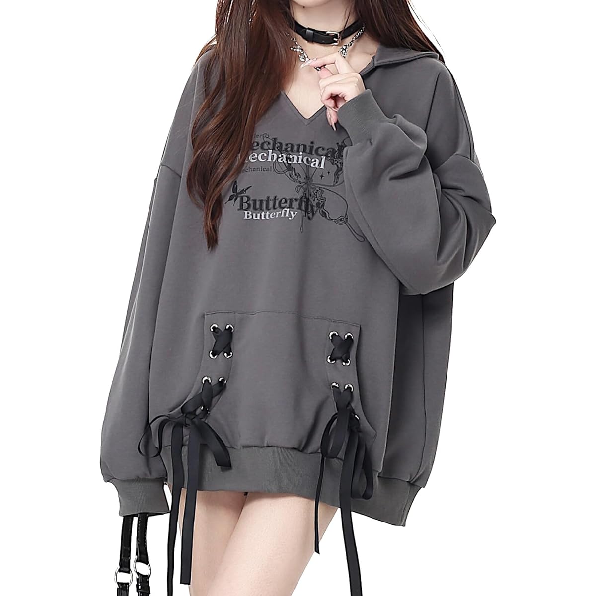 [TOWYYO] Sickly Cute Hoodie with Ribbon, Women's, Butterfly Pattern Print, V-Neck, Landmine, Subculture, Harajuku, Loose, Korean Fashion, Long Sleeve, Clothes, Stylish, Spring, Autumn, Winter