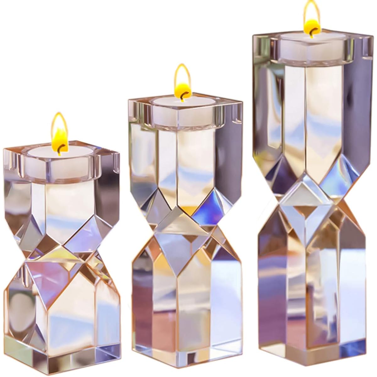 Le Sens Amazing Home 3 Piece Large Crystal Candle Holder Set 4.6/6.2/7.7 Inch Height Elegant Heavy Solid Square Diamond Cut Tealight Holder Set for Home Decoration Centerpieces for Weddings