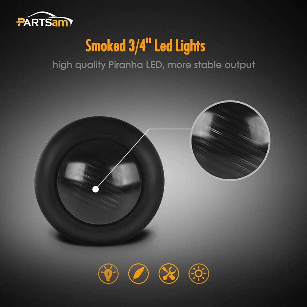 PARTSAM 10x 3/4 inch smoked amber/red LED clearance trailer Boat marker light air dum light sealed mini black round 3/4 inch LED trailer light glomet mount