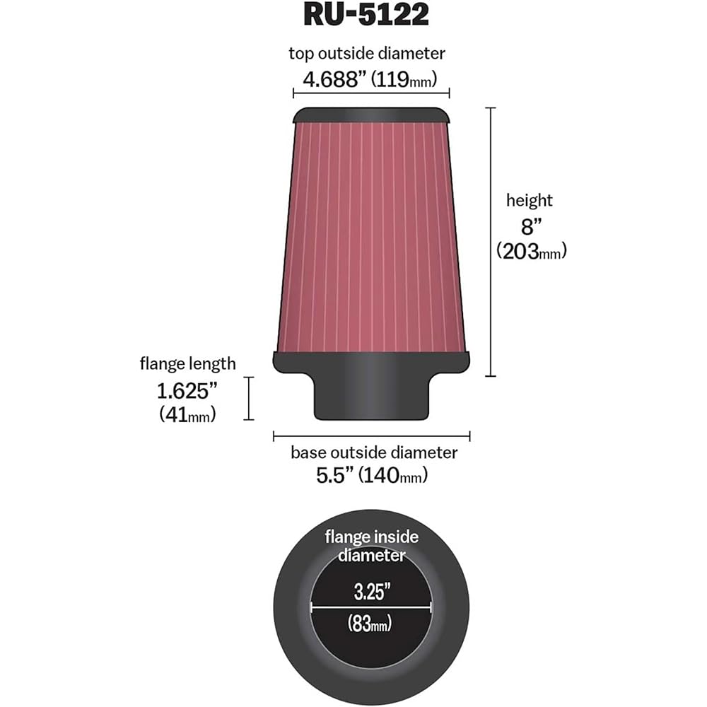 K & N Universal Clamp on Air Filter: High performance, premium, washing, replacement filter: Flange diameter: 3.25 inch, filter height: 8 inches, flango length: 1.625 inches, shape: round tapered, RU-5122.