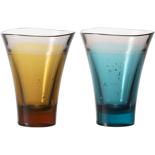YAMANAMI Glass, paulownia box, choco 2-color set, Sake glass, cup, domestic gold leaf/silver leaf, 60ml, gift, dishwasher safe, heat resistant, 100 degrees, warranty included, camping, outdoor, for children, made in Japan (yellow/sky blue)