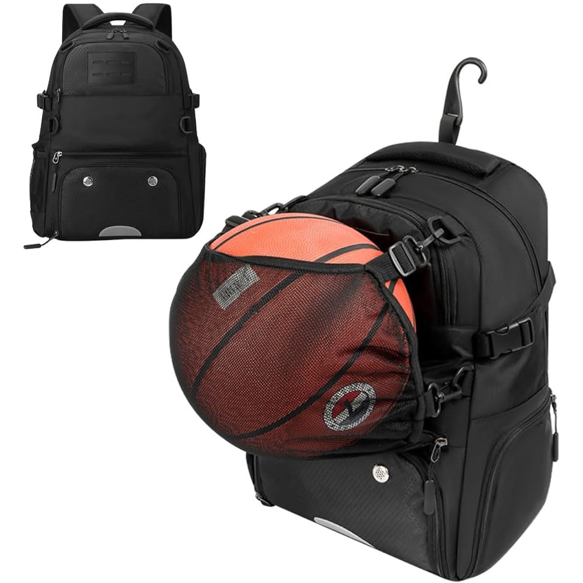 Sports rucksack, ball storage net, club activities, large capacity, many pockets, fence hook included