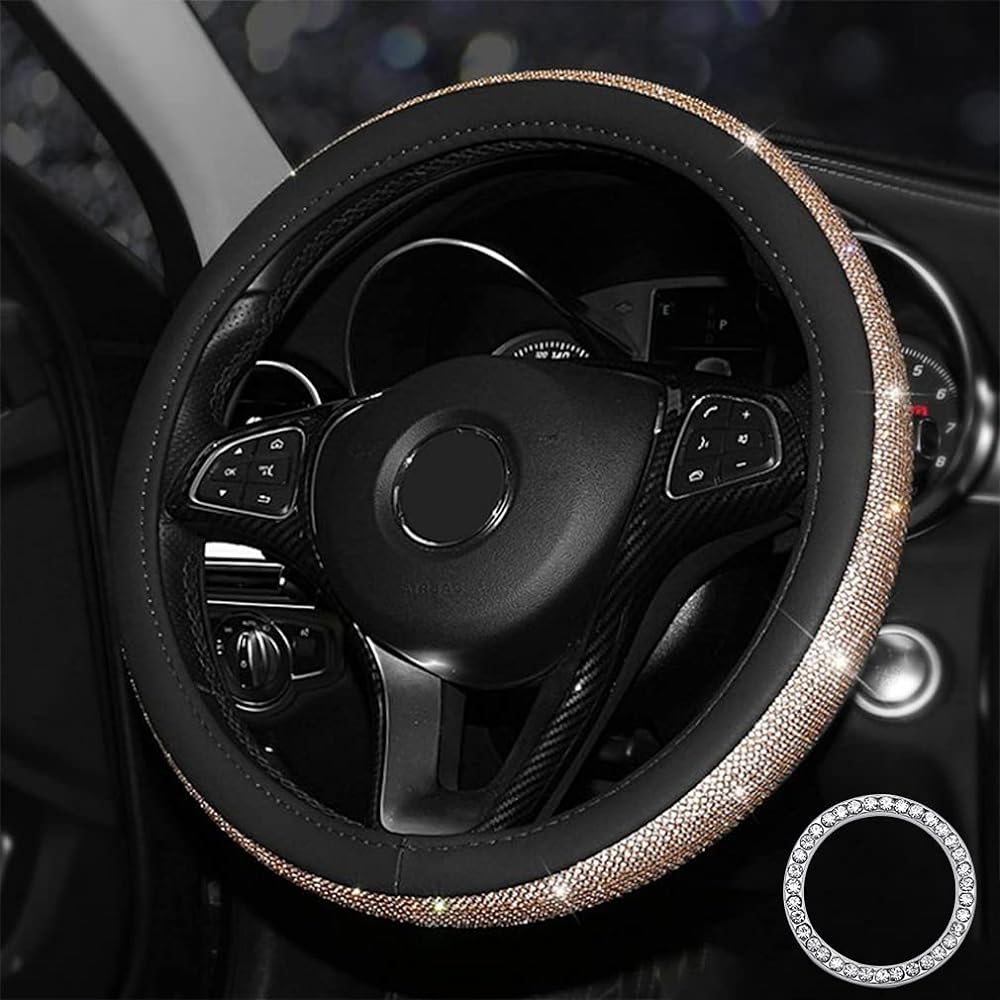 CONFIG Ladies Handle Cover Girls Glitter Diamond Linstone Microfiber Leather Universal Fit 15 inch Non -slip Wheel protector (Gold Black)