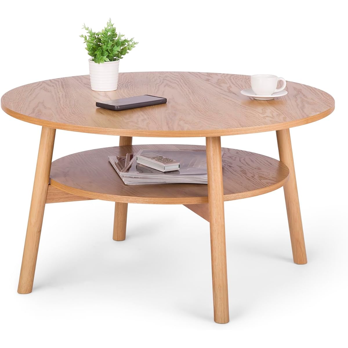 VaLaVie Round Coffee Table, Side Table, Dining Table, Multifunctional, with Shelf, Living Room Center Table, Wooden, Low Table, Low Table, Width 80 x Depth 80 x Height 45 cm, Wood Color