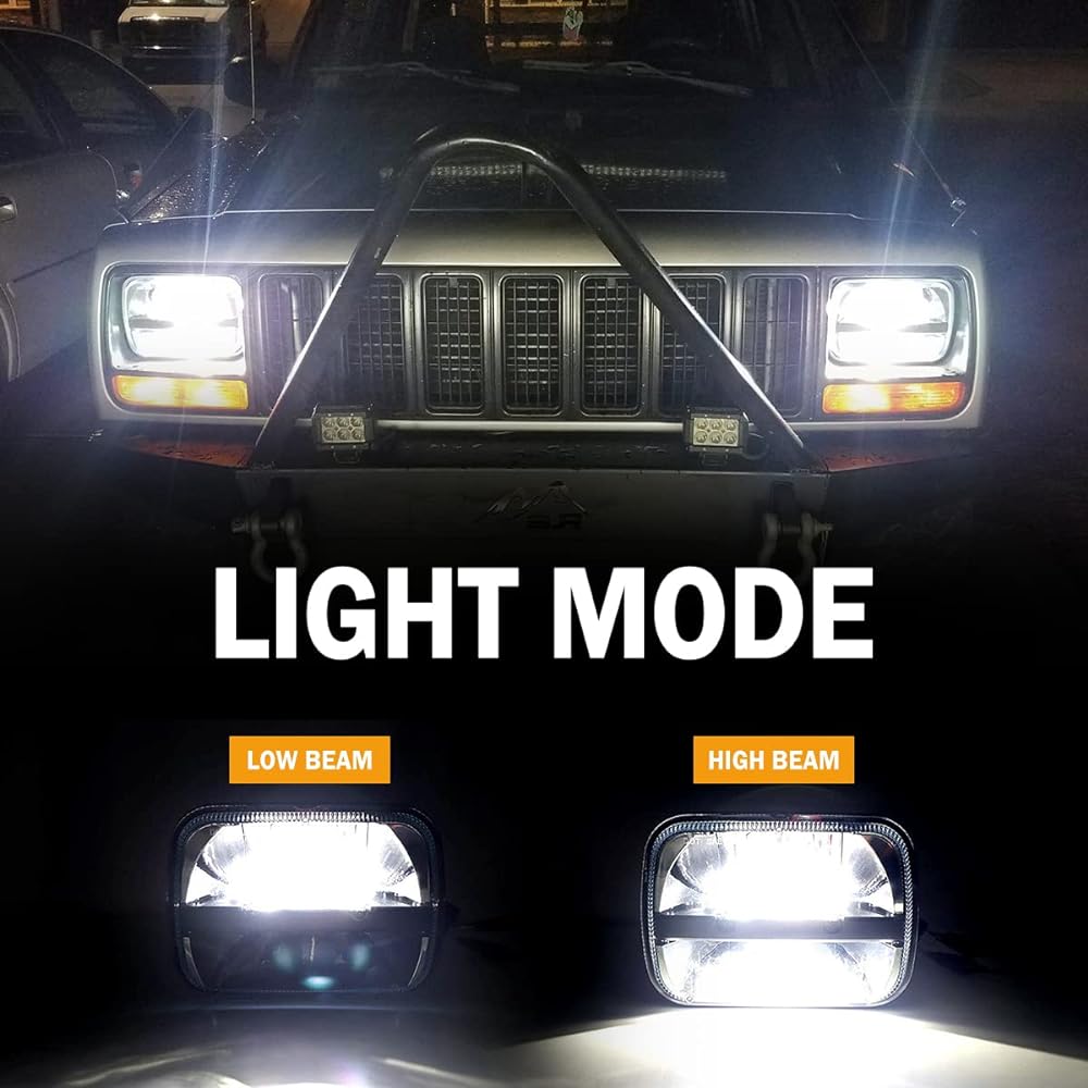 Square 5x7 / 6x7 inch LED Headlight Hylo Beam Headlamp Jeep Wrangler YJ Cello Key XJ Track replacement H6054 H6054LL 69822 6053 compatible (2 pieces)