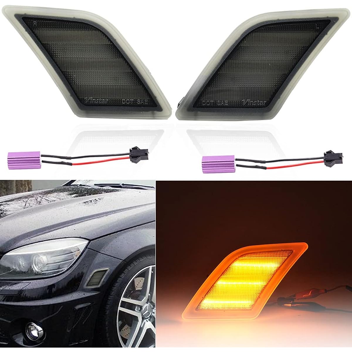 NJSBYL Smoke Lens Yellow LED Front Side Marker Light Kit 2008-2011 Mercedes-Benz PRE-LCI W204 C300 C350 & 2008-2013 C63 AMG & 2005-2007 SL66 AMG OEM Amberside Marker Lamp replacement
