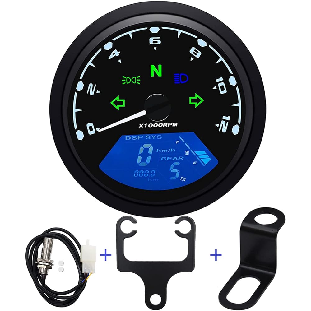 KAOLALI Digital Motorcycle Speedometer Gauge Odometer Tachometer 12000RPM 199 KMH MPH Universal for 1,2,4 Cylinder with Sensor Cable & Bracket