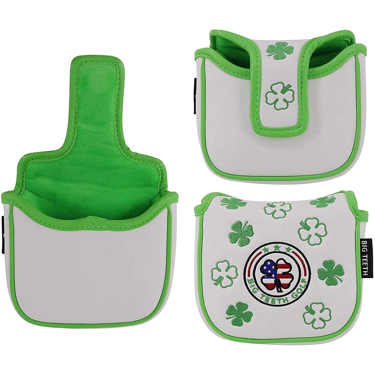 Big Teeth Golf Putter Cover Square Type Name Engraved Mallet Head Cover Magnetic Closure White Synthetic Leather Green Clover Embroidery Sold Individually