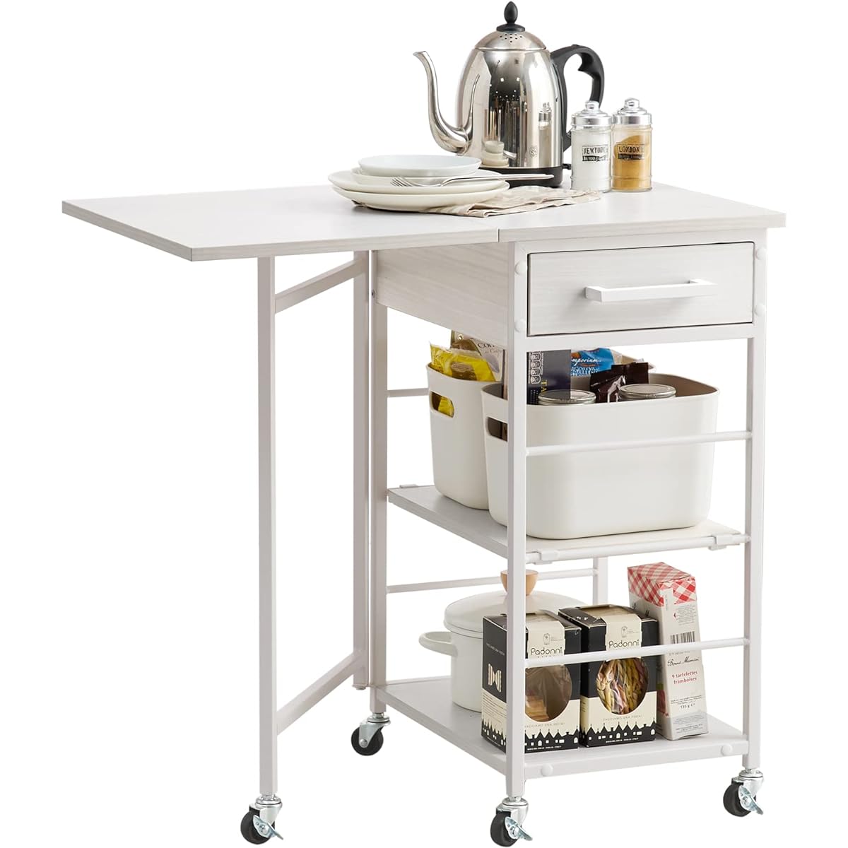 Hagihara Kitchen Wagon Rack Expandable Top Plate with Casters and Drawers Width 37-70 White 1 Unit LW-4529WH