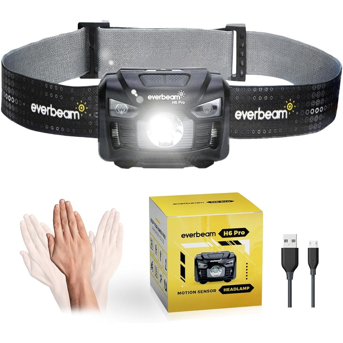 Everbeam H6 Pro LED Rechargeable Headlamp, Motion Sensor Control, 650 Lumens Brightness 1200mAh Battery USB Headlight Flashlight, Waterproof Torch for Camping, Hiking, Fishing