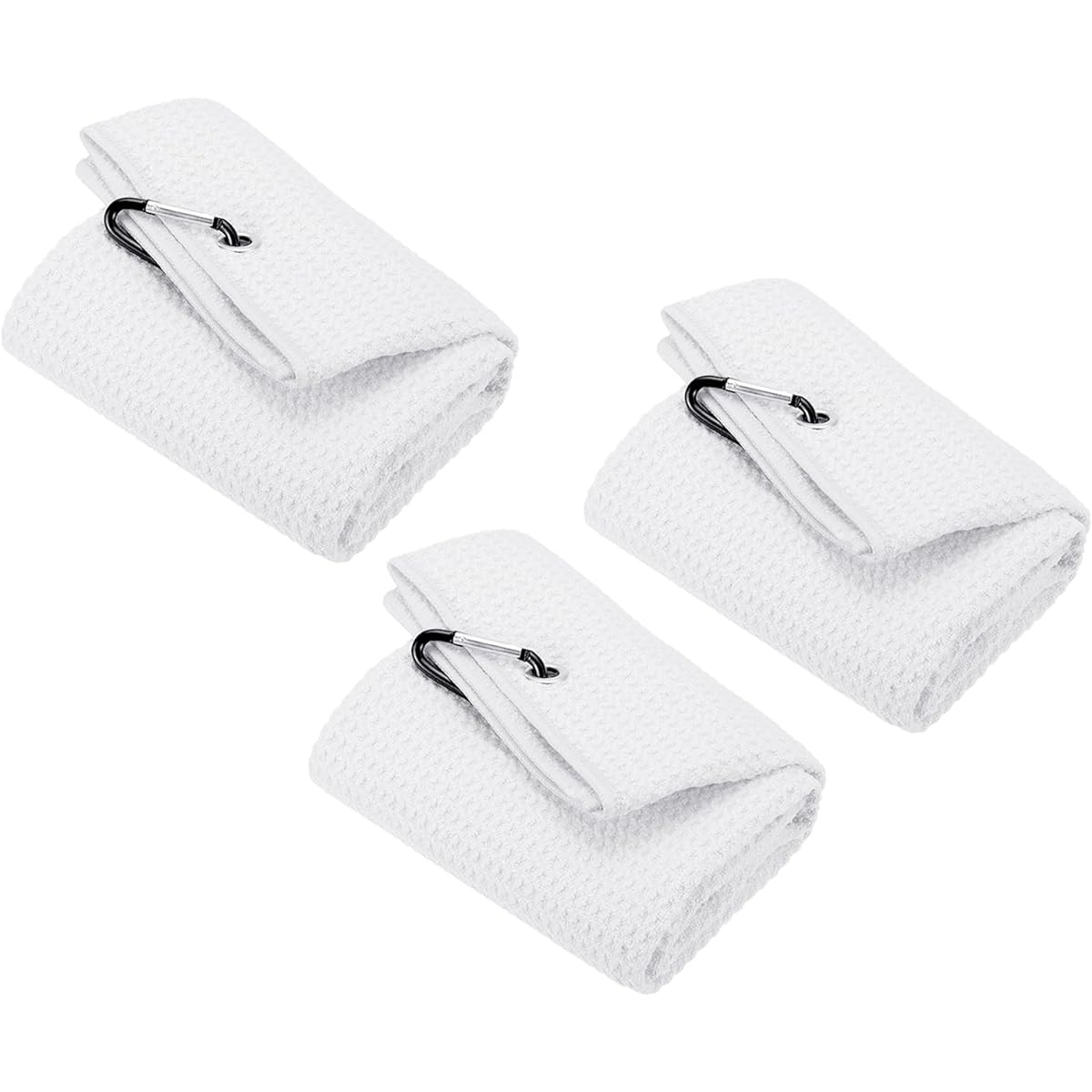 PATIKIL 60 x 40 cm Tri-Fold Golf Towel 3 Pieces Waffle Pattern Towel Soft Fiber Strong Water Absorption with D Clip for Golf Enthusiasts White