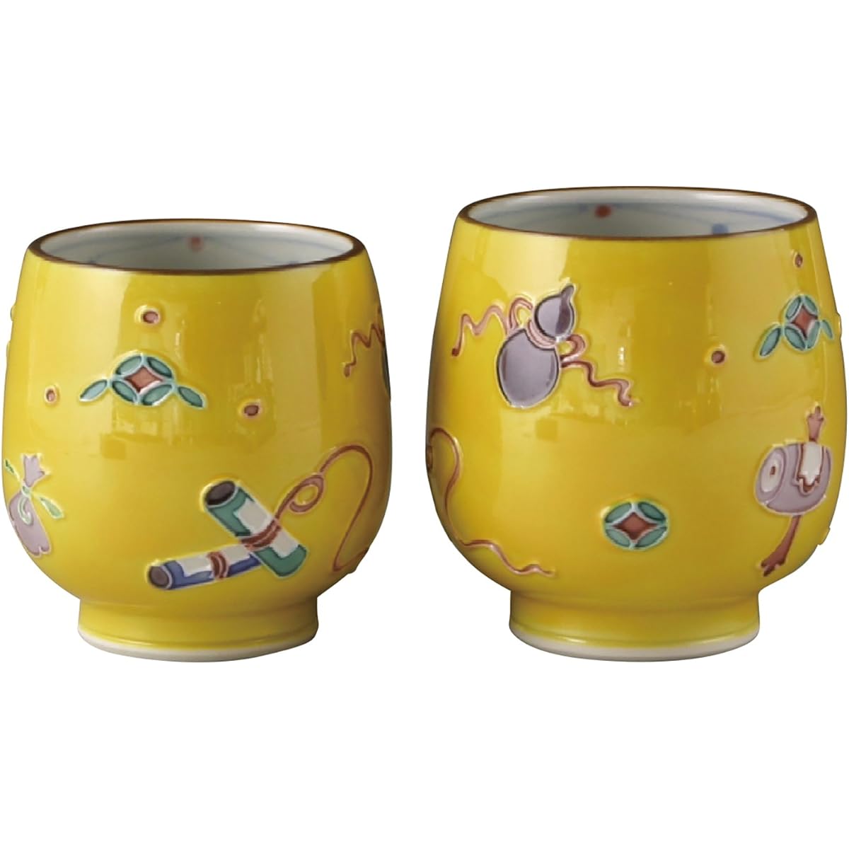 Kyoto ware, Kiyomizu ware, Shoho kiln, set teacup, yellow diagonal, treasure UCK621