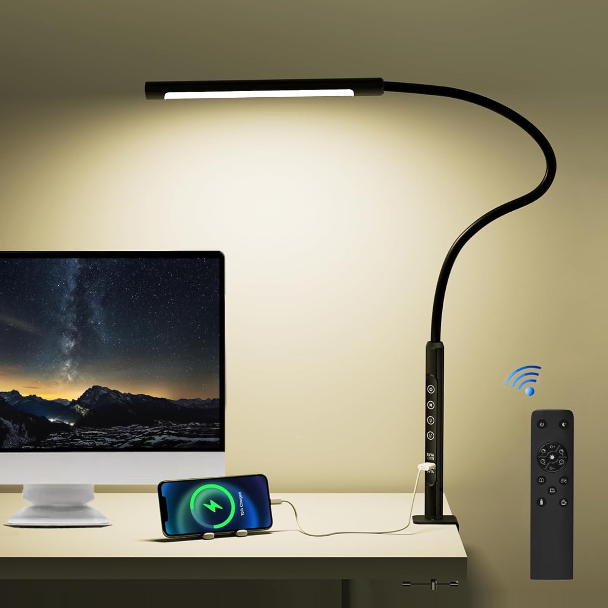 Desk Light, LED Stand Light, Clamp Type, Eye Friendly, Desk Stand, USB Charging Terminal, 6 Levels of Tone and Dimming, Timer Function, Remote Control, Remote Control, 360° Rotation, Omnidirectional