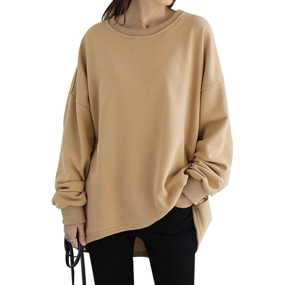 [xppe] Women's Sweatshirt, Hairless Lining, Back Slit Sweatshirt, Round Neck, Oversized, Cut and Sew, Long Sleeves, Voluminous Sleeves, Pullover, Large, Simple, Plain, Slimming, Body Coverage, Stylish, Adults, Elegant, School, Date, Commuting, Tops, Spri