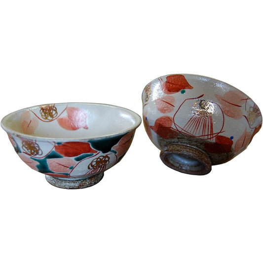 Kutani ware Kokuzo kiln pair rice bowl glaze & red camellia
