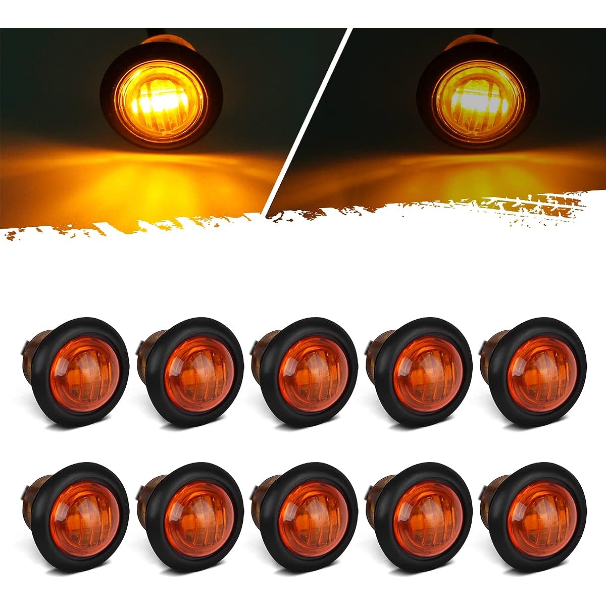 PARTSAM 10 pieces 3/4 inch round Amber trailer LED marker light 3 Wire Winker Light Clear Light Glomet Mount Pickup Track Troller Truck Side Marker Light sealed waterproof 12V