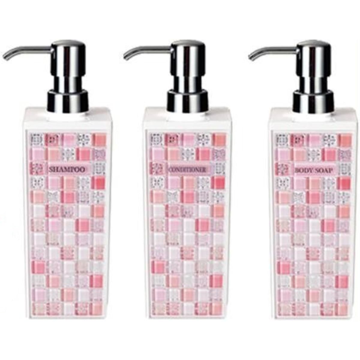 Piastrella Dispenser Refillable Bottle Set of 3 (Shampoo, Conditioner, Body Soap) Square Large (500ml) Pink