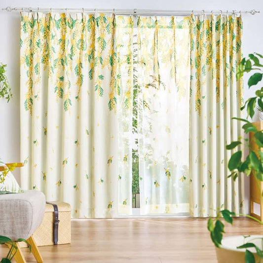 BELLUNA Patterned Curtain, Mimosa Pattern, Set of 4, Light Shade, Grade 3, Floral Print, Cover, Washable, Thick Curtain, 2 Lace Curtains, Stylish, Nordic Botanical Mimosa, Cute Design, Adjuster Hook,