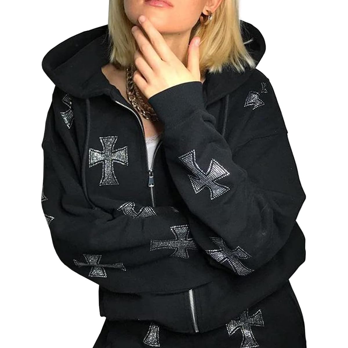 [MEDUOLA] Women's Jacket, Harajuku Style, Street Style, Zip Up Hoodie, Cross Print, Glitter, Casual Sweatshirt, Hooded, Fleece Lining, Cute, Loose, Unisex