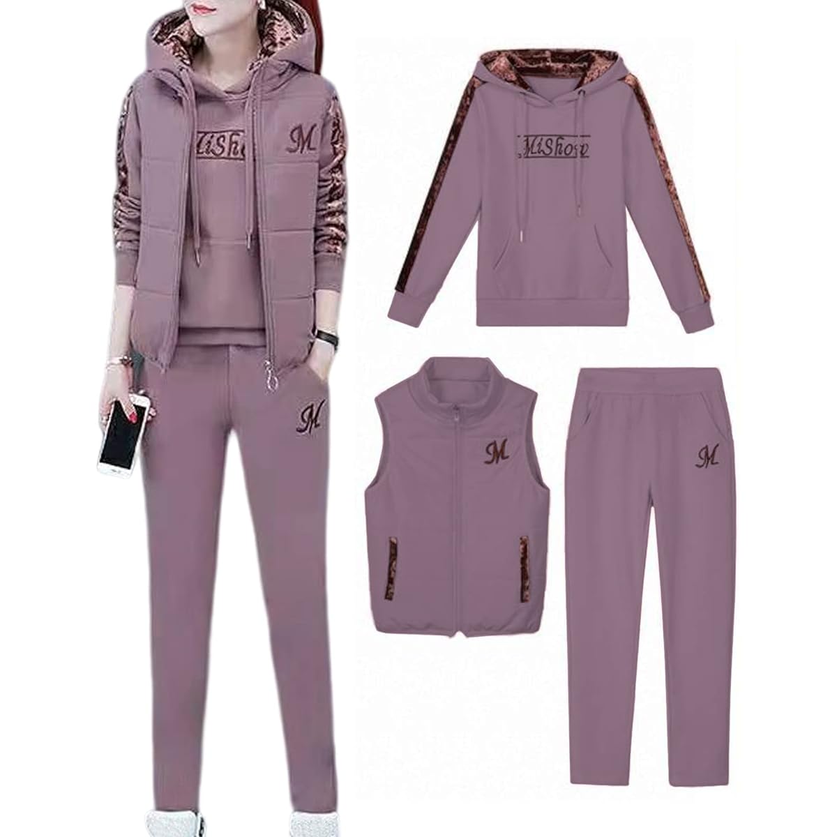 [J.STORE] J.STORE Warm Fleece-lined Sweatshirt Parka Setup Women's Autumn/Winter 3-piece Set Room Wear J23