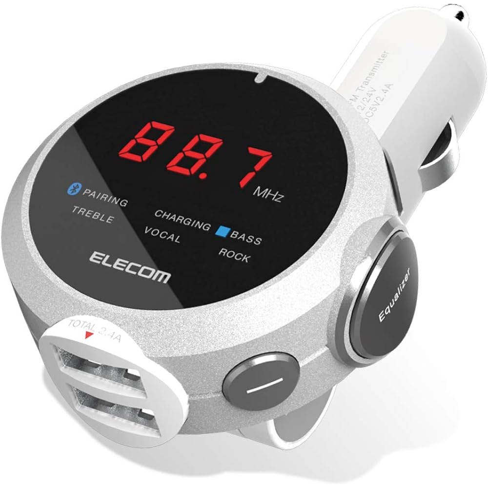 ELECOM FM Transmitter Deep Bass Mode with Equalizer Bluetooth USB x 2 Ports 2.4A Automatic Charging Silver LAT-FMBTB05SV