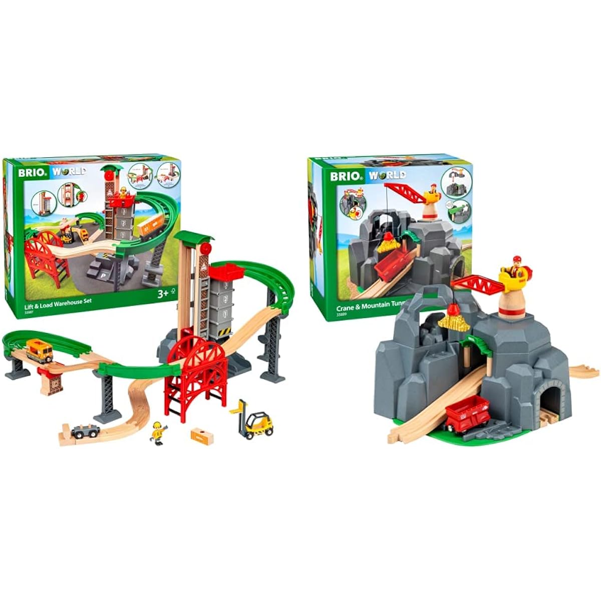 BRIO WORLD Warehouse Rail Set Ages 3+ (Train Toy Wooden Rail) 33887 & WORLD Crane & Mountain Tunnel [Wooden Rail Toy] 33889 [Set Purchase]