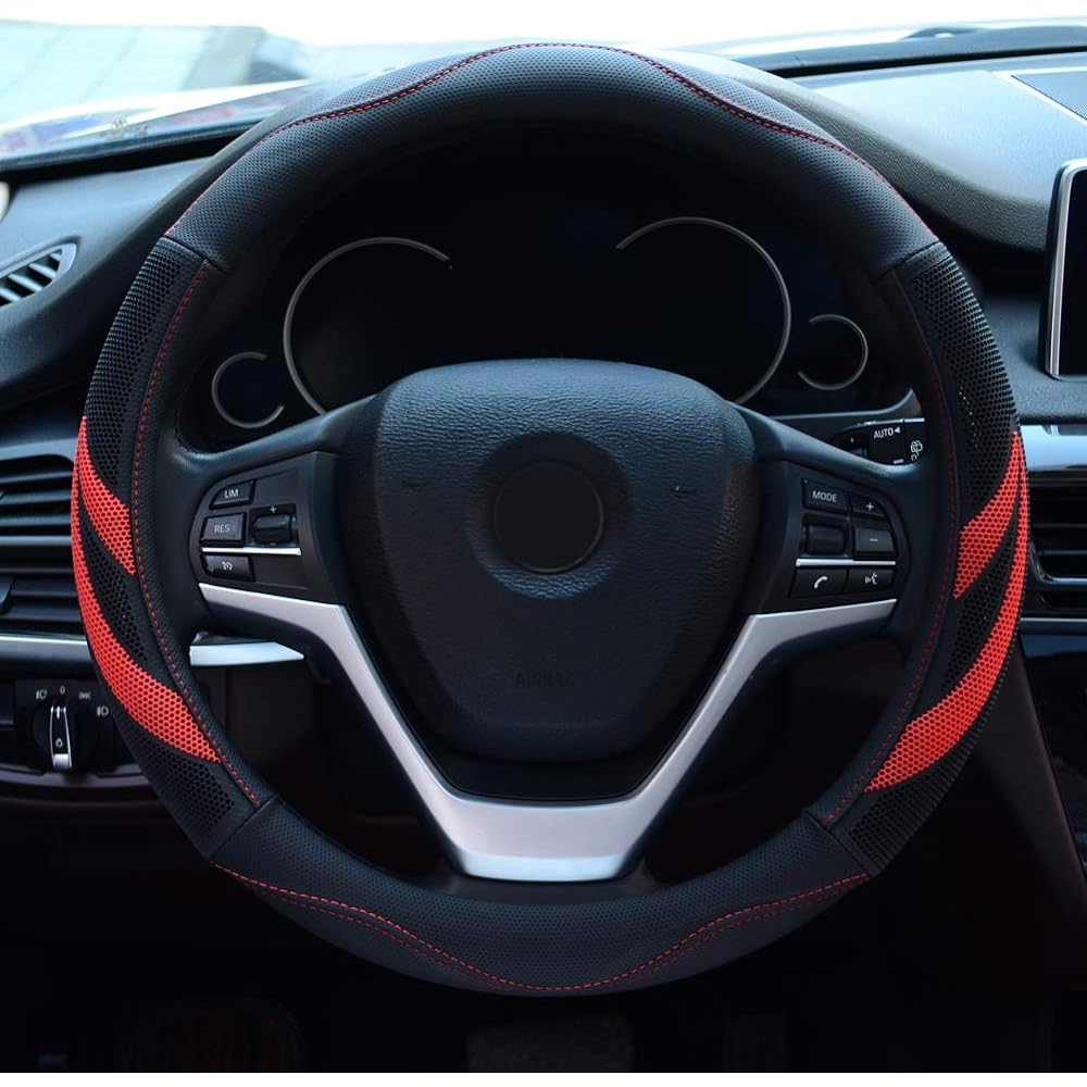 Alusbell Microfiber Leather Steering Wheel Cover Breathable Auto Car Steering Wheel Cover for Men Universal 15 Inches Red