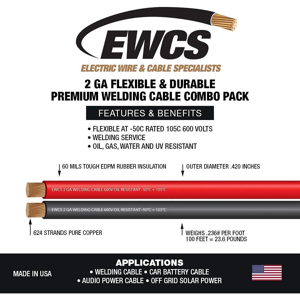 2 Gauge Premium Extra Flexible Welding Cable 600 Volt Combo Pack - Black+Red - 10 Feet of Each Color - Made in the USA
