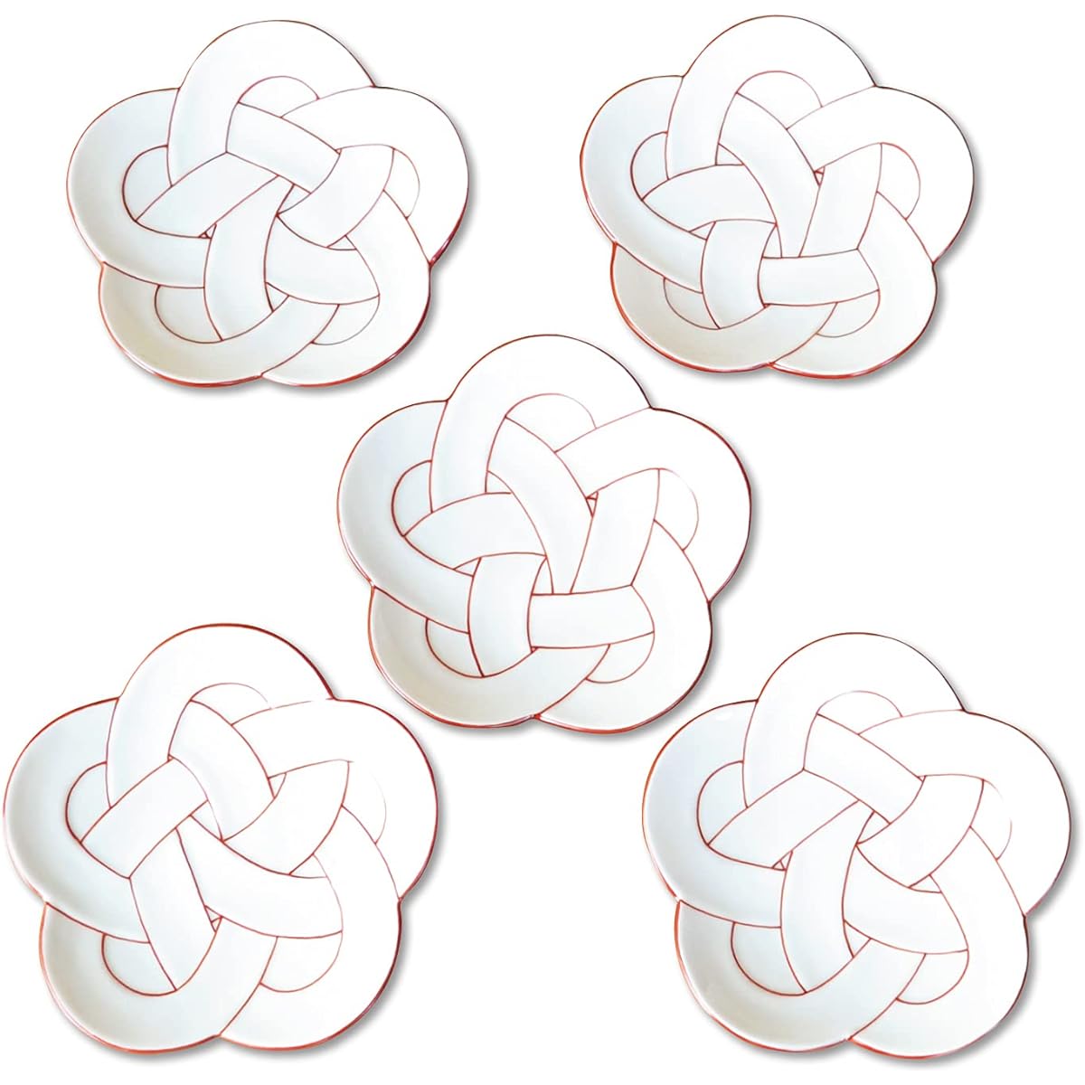 New Year Tableware, Japanese Tableware, Plate, 15cm, Lucky Charm, Arita Ware, Plum Musubi, Red, Vermillion Line, Medium Plate, Set of 5, Presentation Box