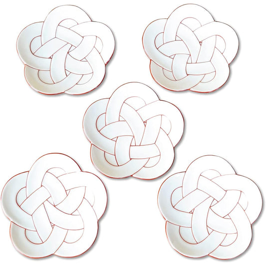 New Year Tableware, Japanese Tableware, Plate, 15cm, Lucky Charm, Arita Ware, Plum Musubi, Red, Vermillion Line, Medium Plate, Set of 5, Presentation Box