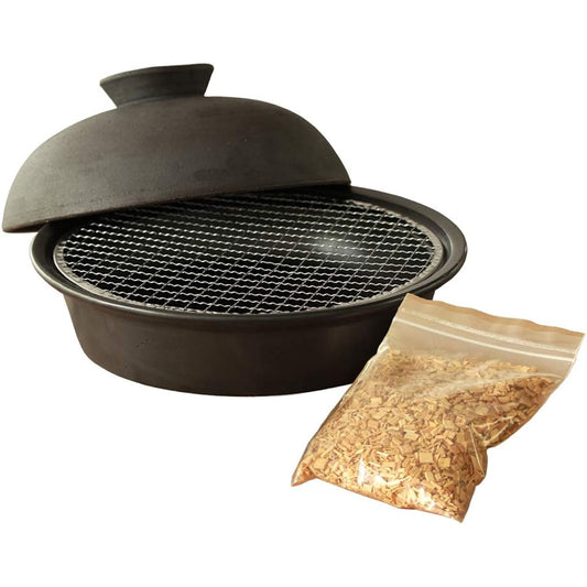 Kamoshika Dogu Store Kunsei Pot Smoker Set, 15cm, Made in Japan, Banko Ware, Lid, Wire Mesh, Comes with Cherry Chips, Household Sukiyaki Pot, Ceramic Kunsei Pot (Koburi)