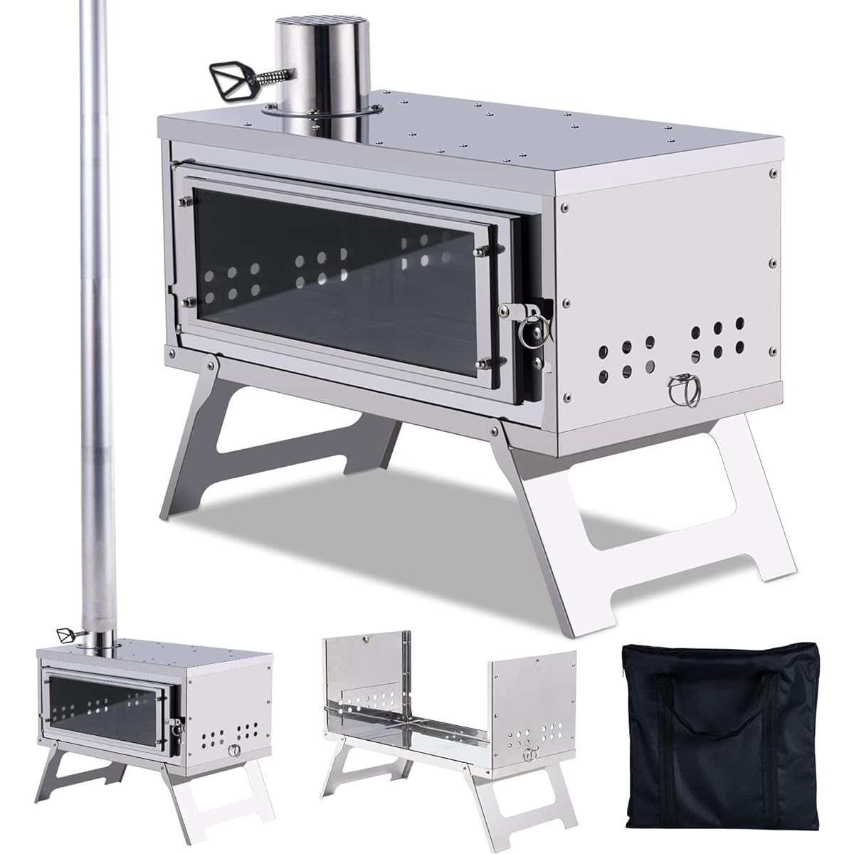 CHANGE MOORE Wood Stove, Secondary Combustion, Compact, Easy to Assemble, Fire Stand, Heat Resistant Glass Window, Includes Chimney, For Camping, Outdoors, Touring, Motorcycle Camping, Storage Bag Included, Silver, Wood