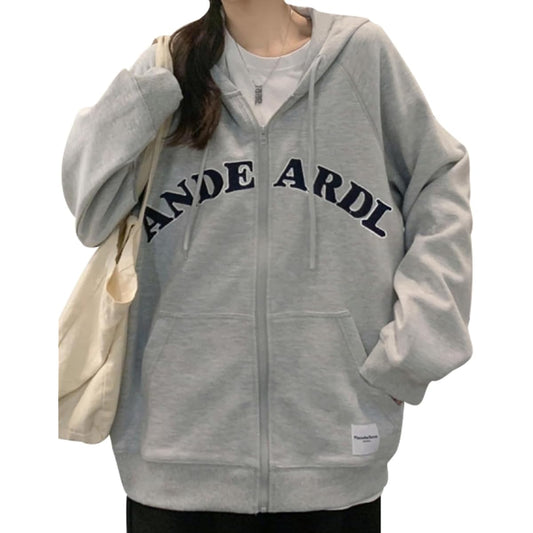[bluefeel] Zip-up hoodie for women, street style, with pockets, hooded sweatshirt, stylish, big silhouette, drop shoulder, body cover, stylish top, loose, large size, plain, printed