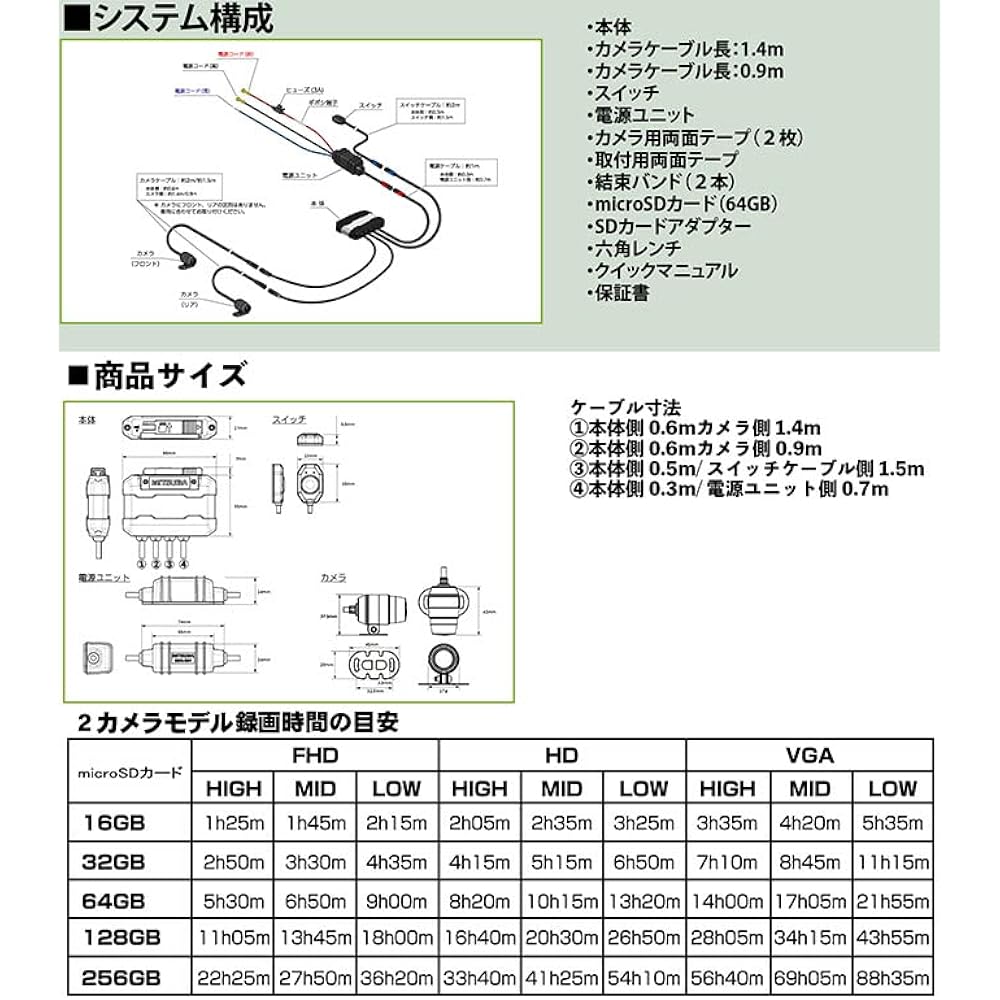 MITSUBA (Mitsuba Sankowa) Motorcycle drive recorder EDR2nd series Standard model with 2 front and rear cameras EDR-22 Black