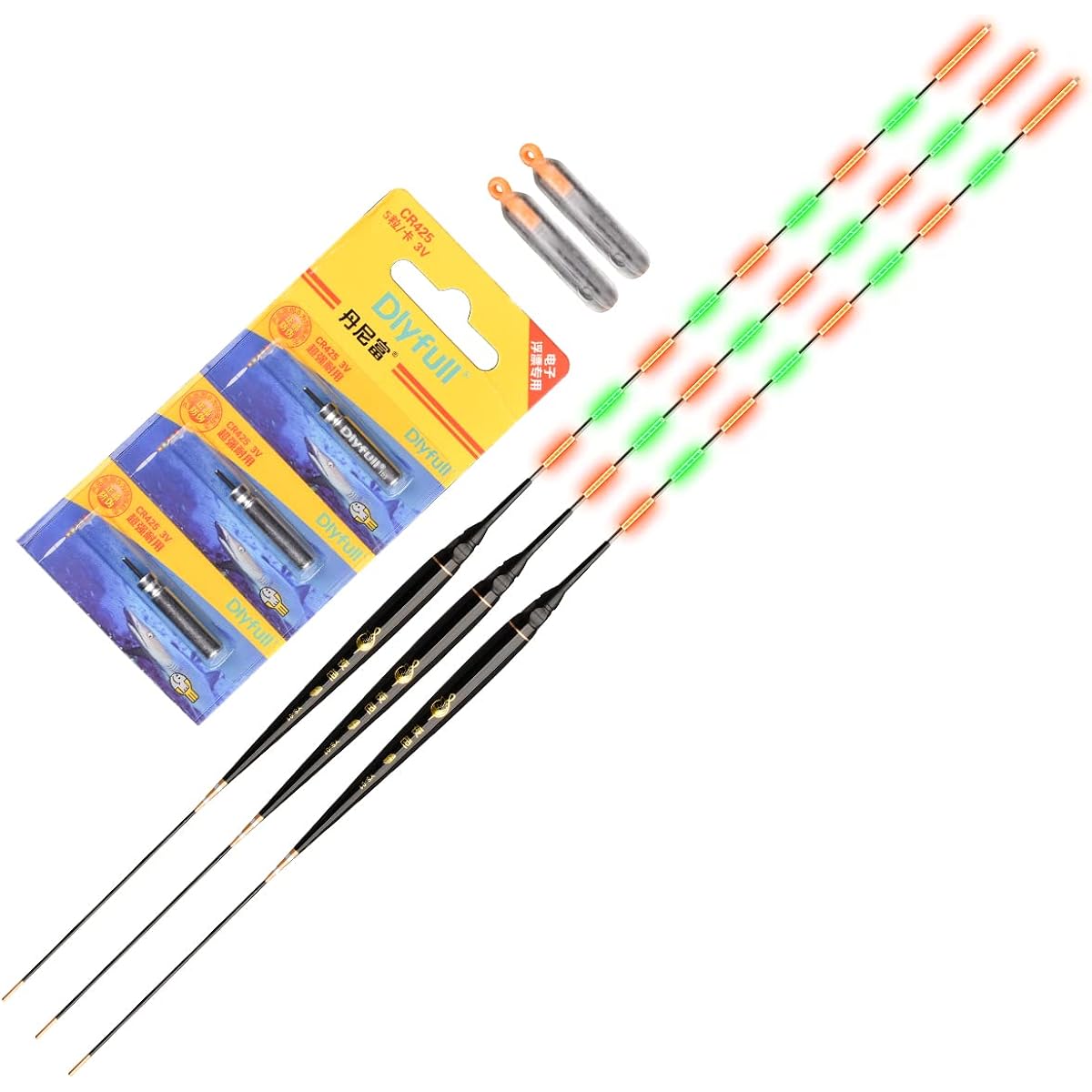 KINGKOO (Night Color) Fishing Float Electric Float Night Fishing Hera Float Fishing Buoy Herauki Total Length 39.5cm - 40.5cm 3 Pieces 9 Lights! Electronic float, electric float, night float, innovative design, reversible battery insertion!