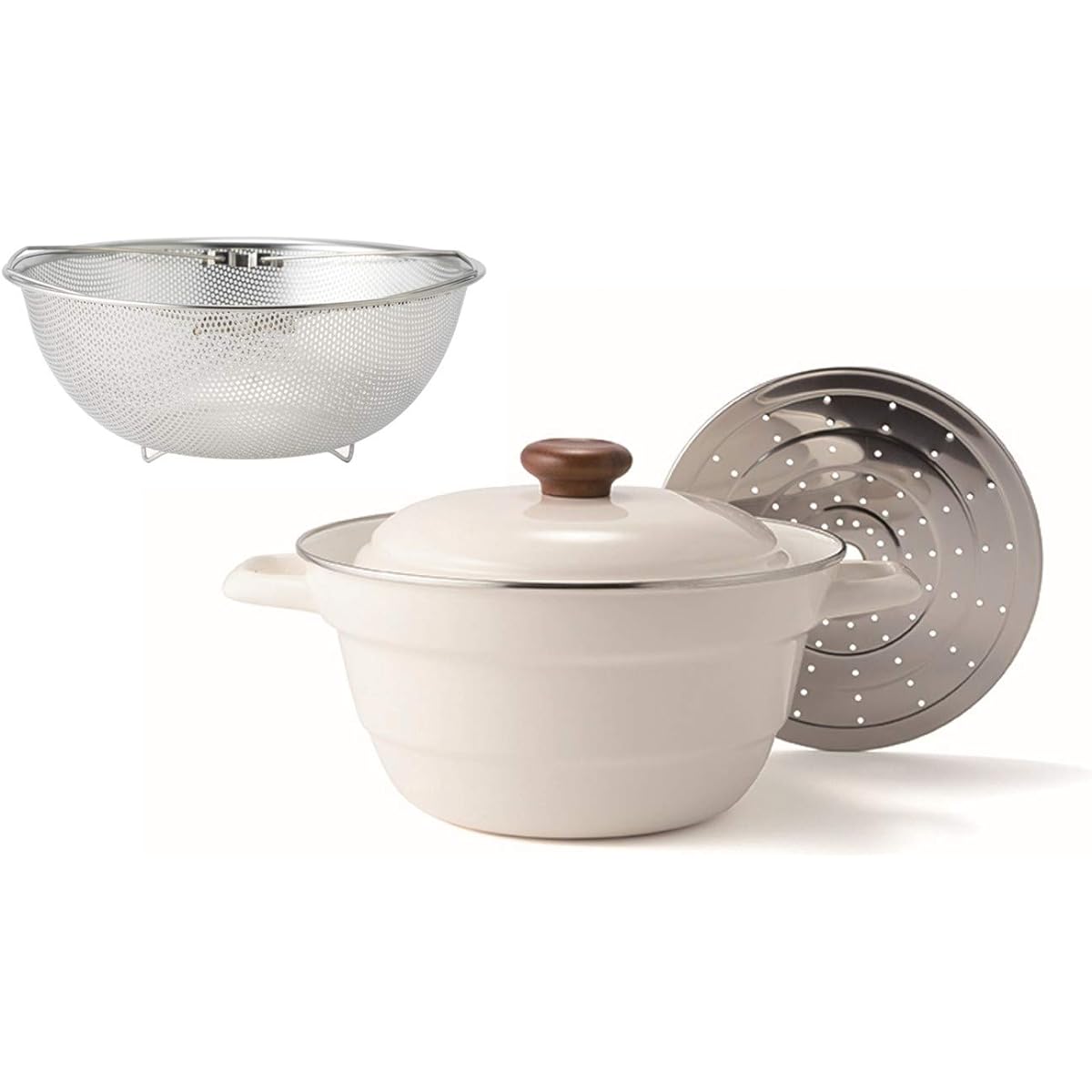 Fuji Enamel Boiling/Simmering/Steaming/Frying All-purpose multi-functional pot All-in-one Plus (with colander and drainboard) White 27cm N-27FW.W