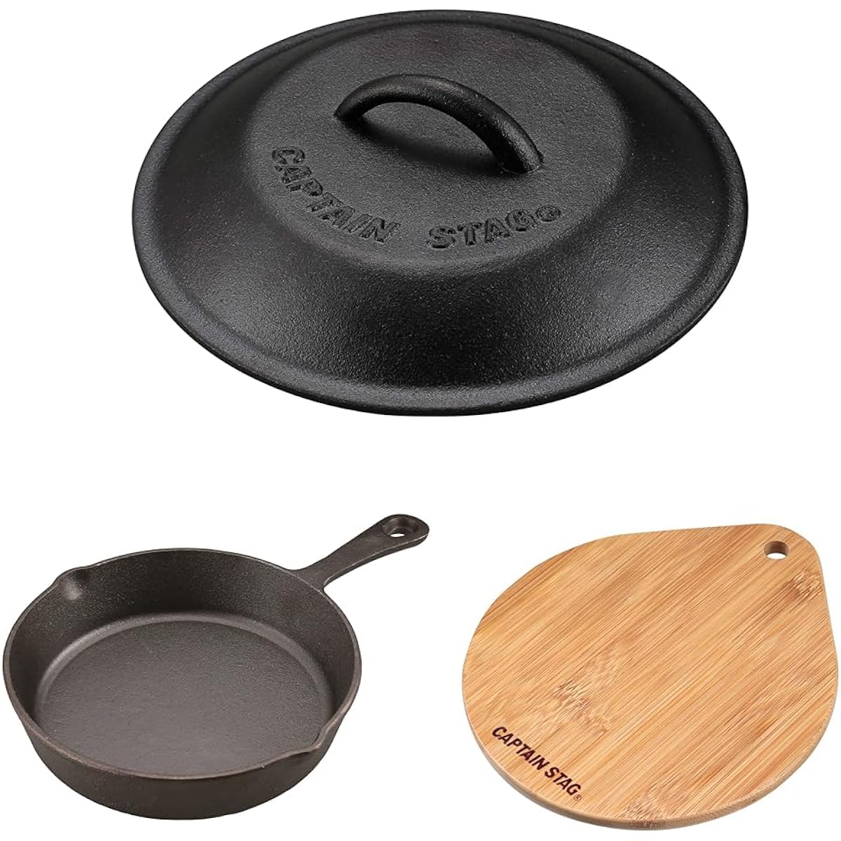 [Set purchase] CAPTAIN STAG Skillet Cover Lid 20cm UG-3065 + CAPTAIN STAG Kitchen Utensils Skillet Frying Pan 20cm UG-3028 + CAPTAIN STAG Glamping Kitchen Utensils Skillet Bamboo Plate UG-3018