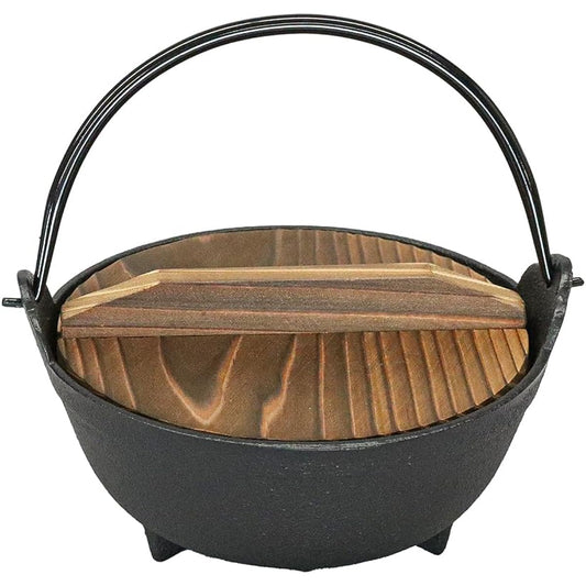Asahi Nanbu Iron Pot, Irori Pot, Outer Diameter 15cm, 1 vine, with wooden lid (gas/IH compatible), commercial use item