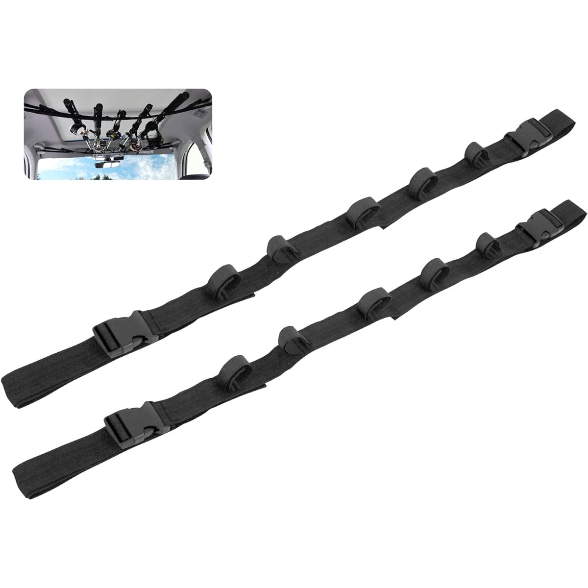GORIX Rod Belt Car Rod Holder Belt Set of 2 (GF-VRC) Storage for up to 5 fishing rods, inside the car, rod carrying buckle included, easy installation, fishing tools car storage