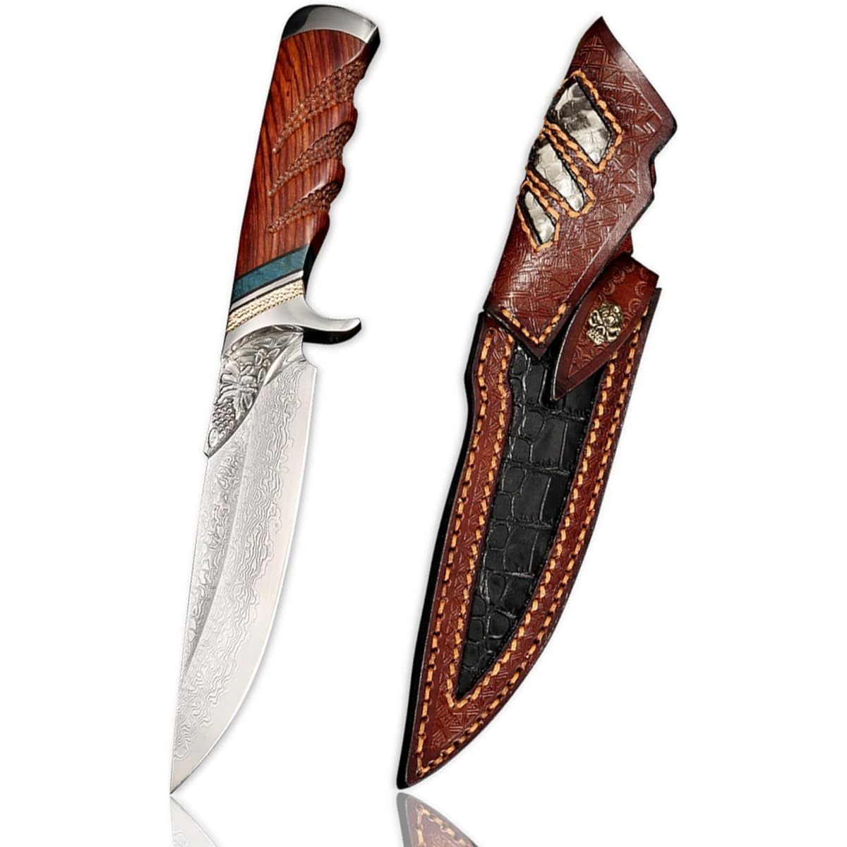 Irai Utaki Outdoor Knife, Sheath Knife, Damascus, High Quality, with Sheath, Suitable for Survival, Fishing, Mountain Climbing, Camping, Outdoor Work (Maple Leaf)