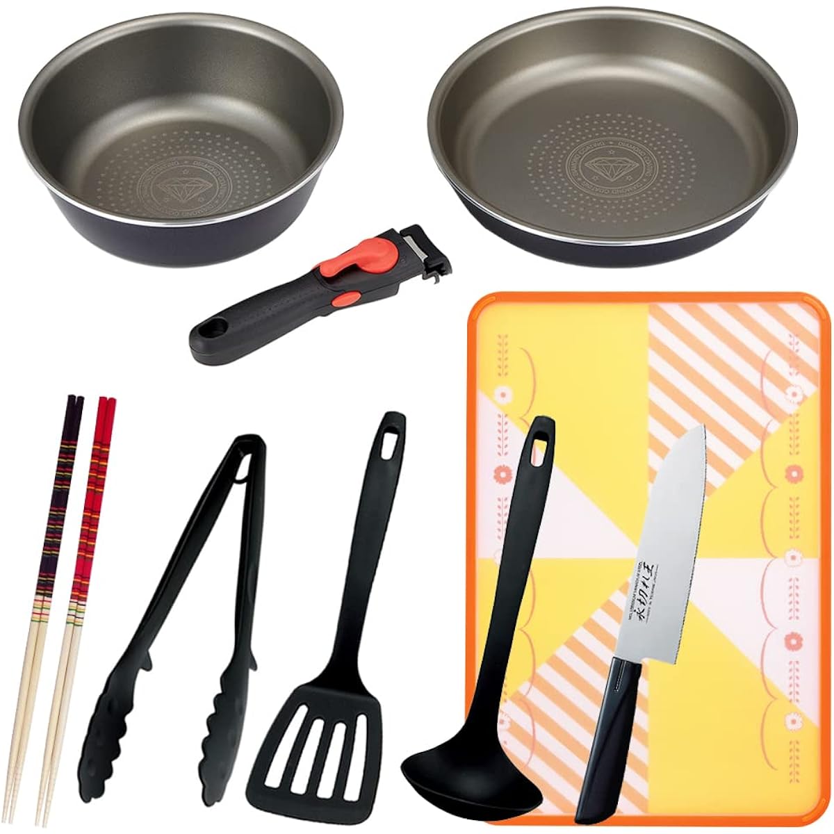Great for those living alone Diamond coated frying pan and cooking utensils set of 10 with removable handles Orange