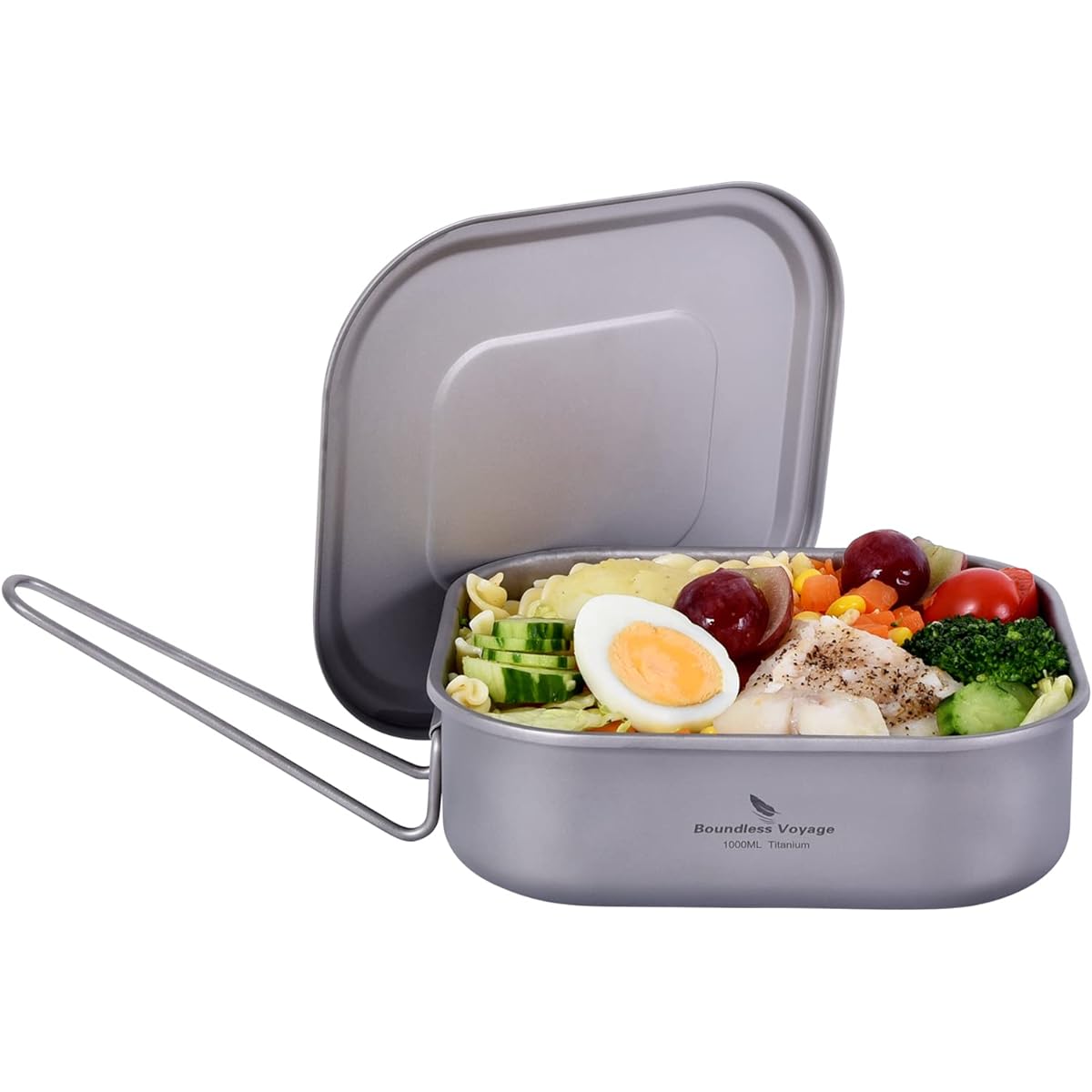 zyvoyage 1000ml Titanium Rice Pot Canteen Lunch Box with Lid and Folding Handle Camping Frying Pan Bushcraft Outdoor Rice Bowl Cookware