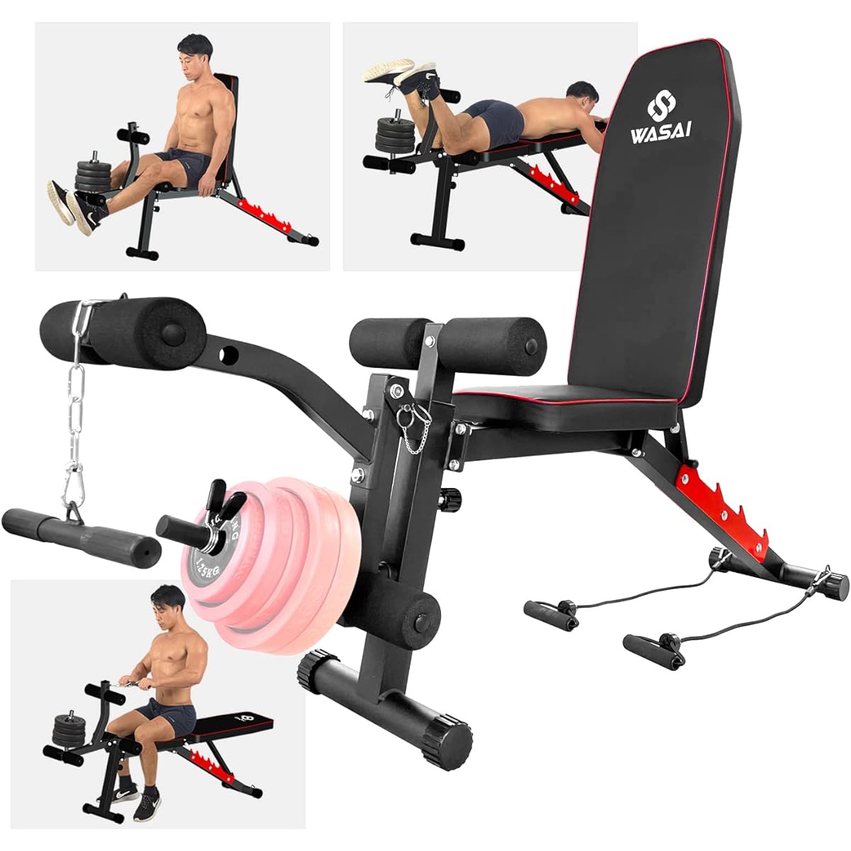 WASAI Training Bench with Leg Extension & Leg Curl Function [Flat/Incline/Sit-up] Multi-Training Machine Home Gym Home Quadriceps/Abs/Back/Muscle Training