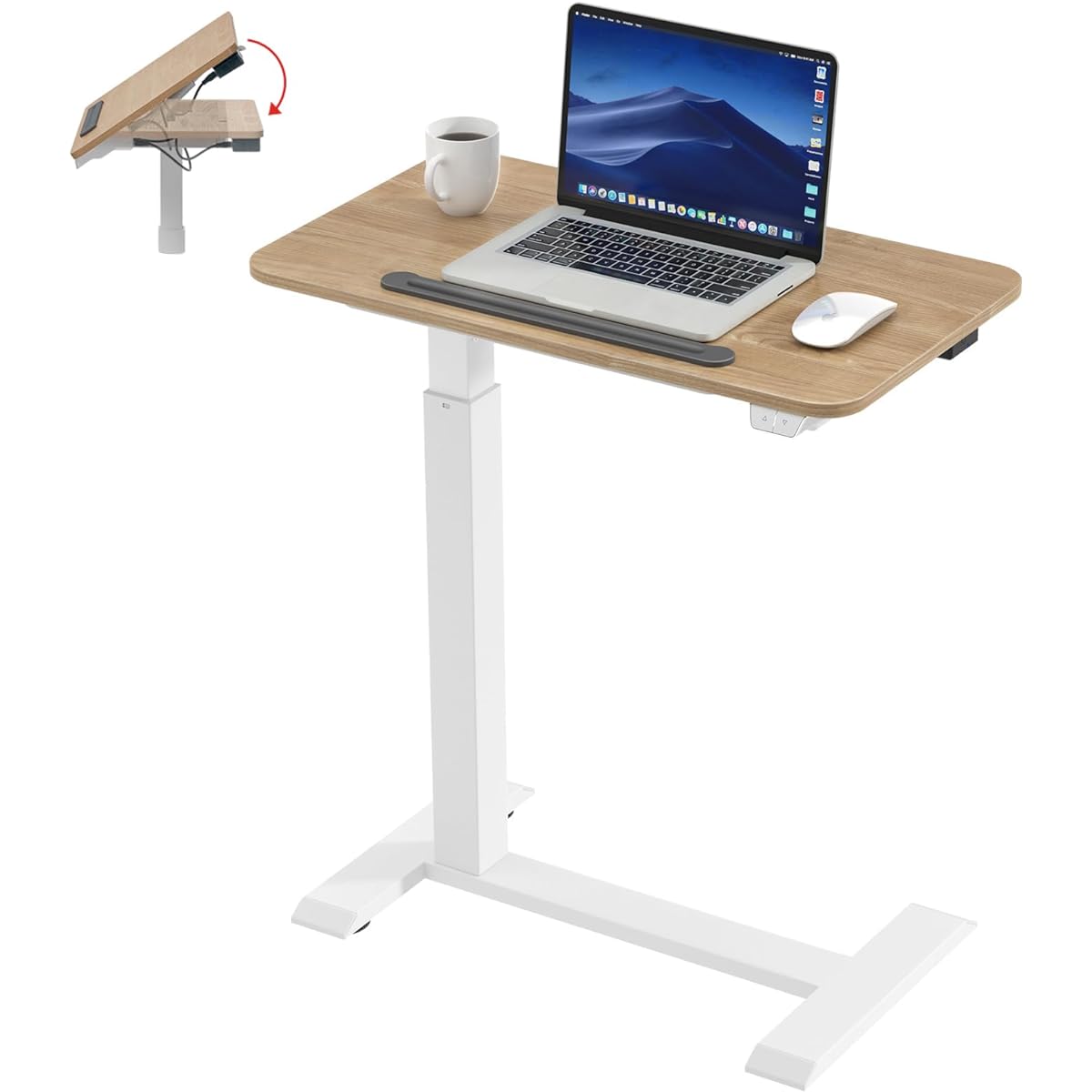 KOWO [Electric lift type] [Top plate can be tilted] U-shaped side table with casters Width 70CM x Depth 40CM Sofa/Bedside/Garden Stepless height adjustment Wood grain