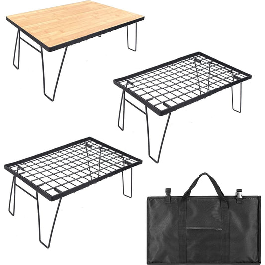 Allesin Field Rack, Ground Rack, Mesh, Foldable, Camping, Outdoor Table, Steel Table, Stackable, Open Fire Usable, Load Capacity: 40kg, Top Board Included, Compact, Black (3 Racks/1 Top Board/Storage Case)