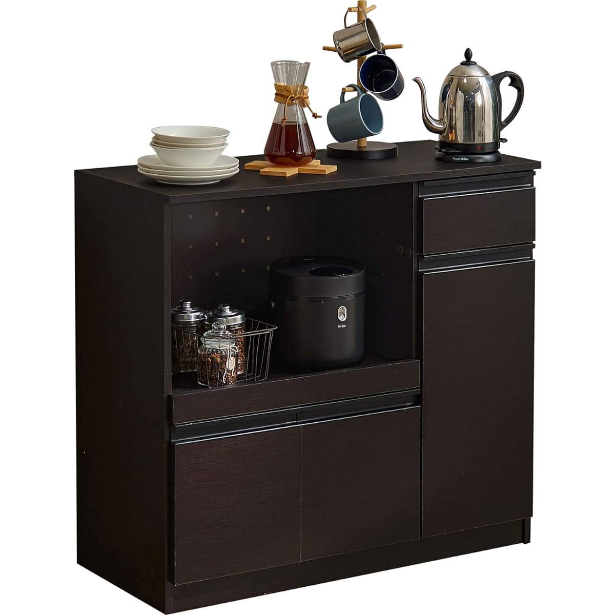 Hagiwara Kitchen Counter Cupboard Chest Microwave Stand Large Capacity with 2 Outlets Width 89 Dark Brown 1 Unit VKC-7150DBR