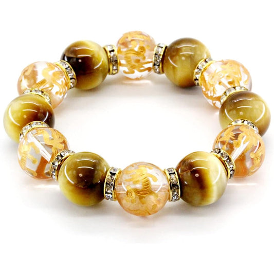 Sekihui 4A Mala Beads Golden Tiger Eye 16mm Four Gods Crystal Bracelet with Paulownia Box Money Luck, Work Luck, Financial Luck [b062]