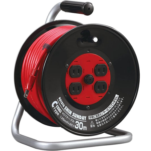 HATAYA Cord Reel, Indoor 100V Type, Cord 30m, Thickness 1.25㎟, Standard Type, 4 Outlets, Outlet with Dustproof Shutter, Home Use, Shin Sunday Reel C-30