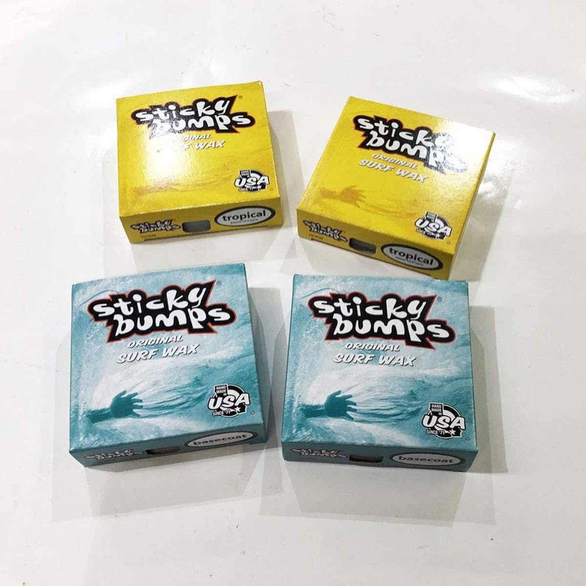 STICKY BUMPS Set of 4 Sticky bumps Surf wax Surfboard wax Surfboard anti-slip BASE COAT (for undercoat) 2 pieces & TROPICAL (for summer) 2 pieces