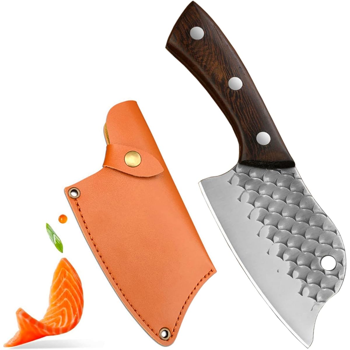 Irai Utaki Fish Knife, Blade Length 12cm, Outdoor Knife, Comes with Leather Sheath for Storage, Fish Scale Pattern, Hand-forged Process, Suitable for Cutting Meat, Fish, Vegetables, etc., Small Knife, Natural Wood Handle, Cooking Knife for Home & Camping
